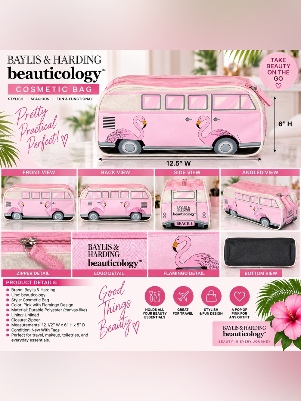 BAYLIS & HARDING BEAUTICOLOGY PINK FLAMINGO COSMETIC BAG (NEW WITH TAGS) A30